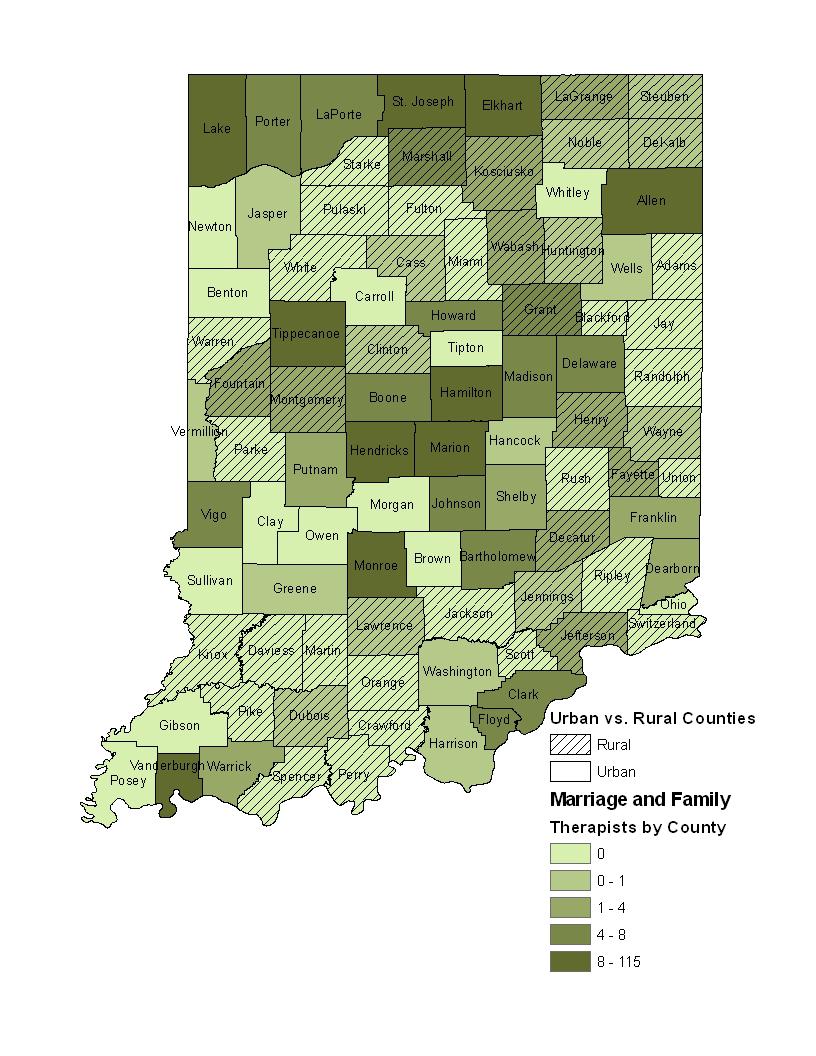 Map 6.3 shows that the number of marriage and family therapists in Indiana counties is distributed roughly by population.