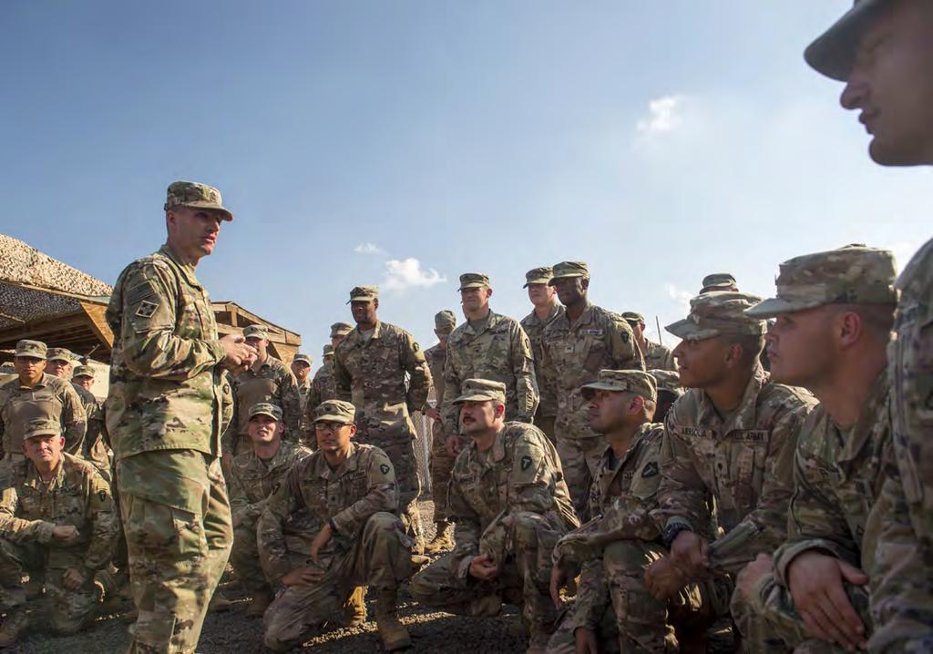 Soldiers assigned to the Combined Joint Task Force Horn of Africa at Camp Lemonnier, Djibouti, listen to Sgt. Maj. of the Army Daniel Daily during a visit on Dec. 21, 2017. (Photo by Staff Sgt.