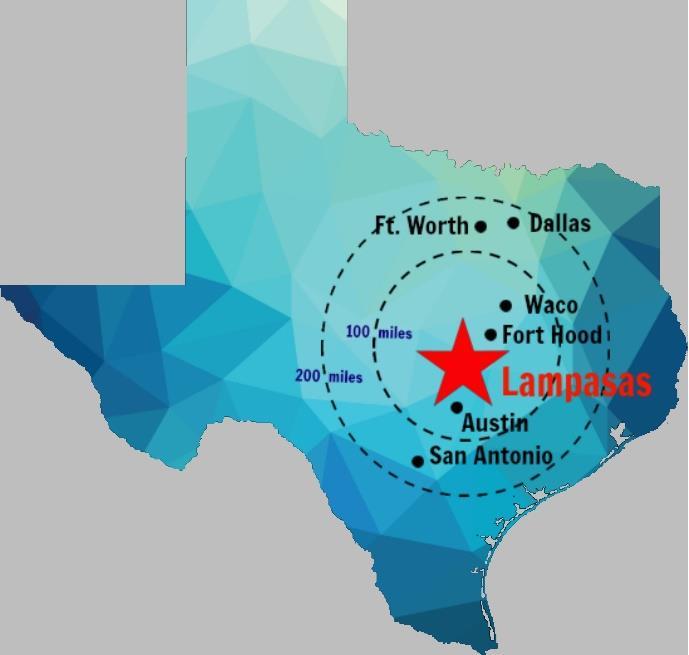 Introduction The City The City of Lampasas, covering approximately 6.5 square miles with a population 7096, is located in Central Texas, 65 miles north of Austin and 120 miles north of San Antonio.