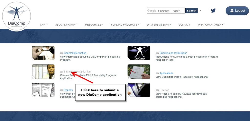 Step 3) Once you arrive at the DiaComp Pilot & Feasibility Program page there will be several links available for general information about the funding program, viewing your existing applications,