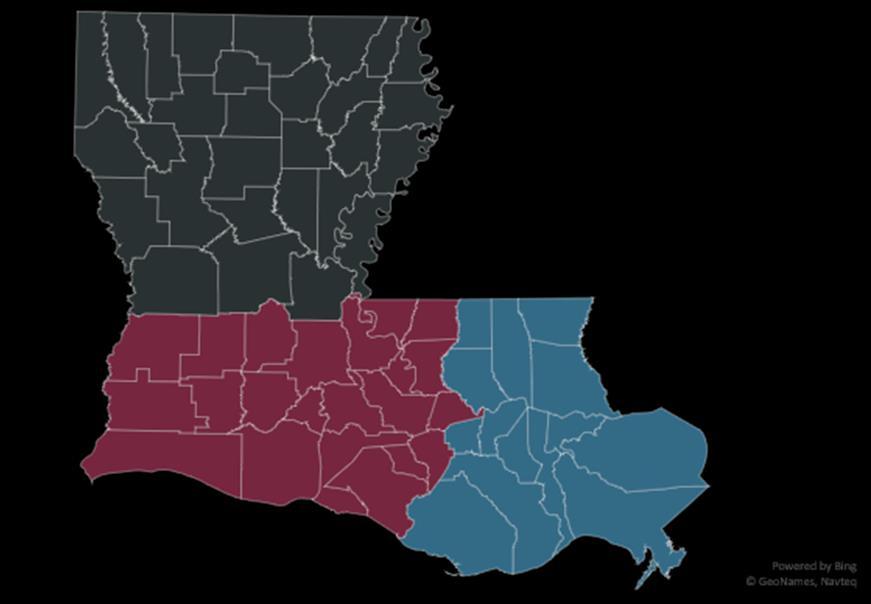 various cultures in Louisiana, especially between large cities like New Orleans, and more rural areas in the northern part of the state. The regions are illustrated in Figure A2.