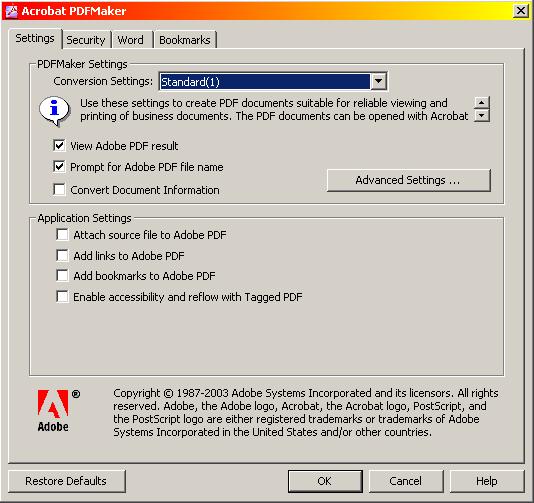 Figure 11 - Adobe PDFMaker options.