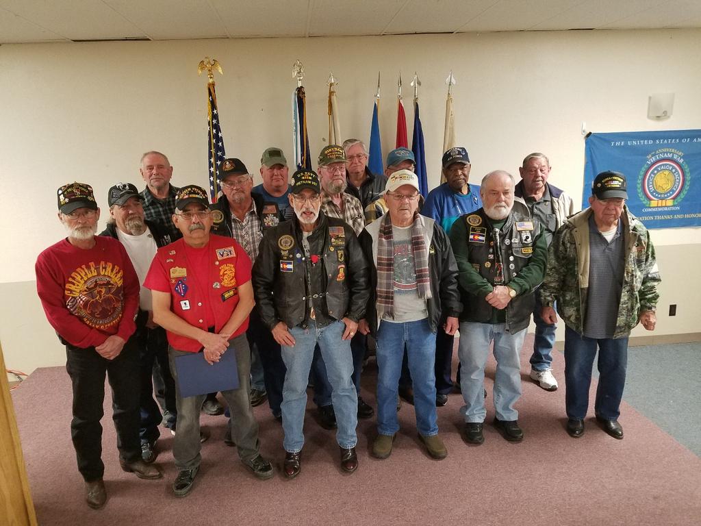 FTVA Jan 2017.1: Vietnam War Era Veterans from Southern Colorado pose for a group photo: Front Row: Dennis Frost, Pat Mesa, Frank Gallegos, Leon Herrman, Robert Manore, Oscar Box.
