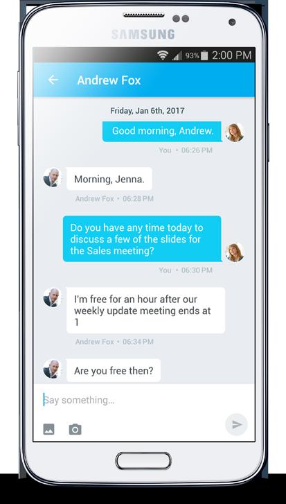 Chat with guests Chat on the go (imeet Chat app) Away from your desk? You can chat with anyone who is registered with imeet, right from your Android smartphone.