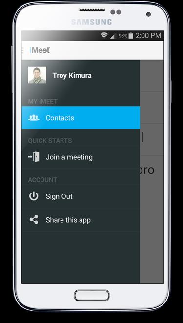 Get to know imeet on the Android App menu (guests) If you are a registered user, the app menu contains three options.