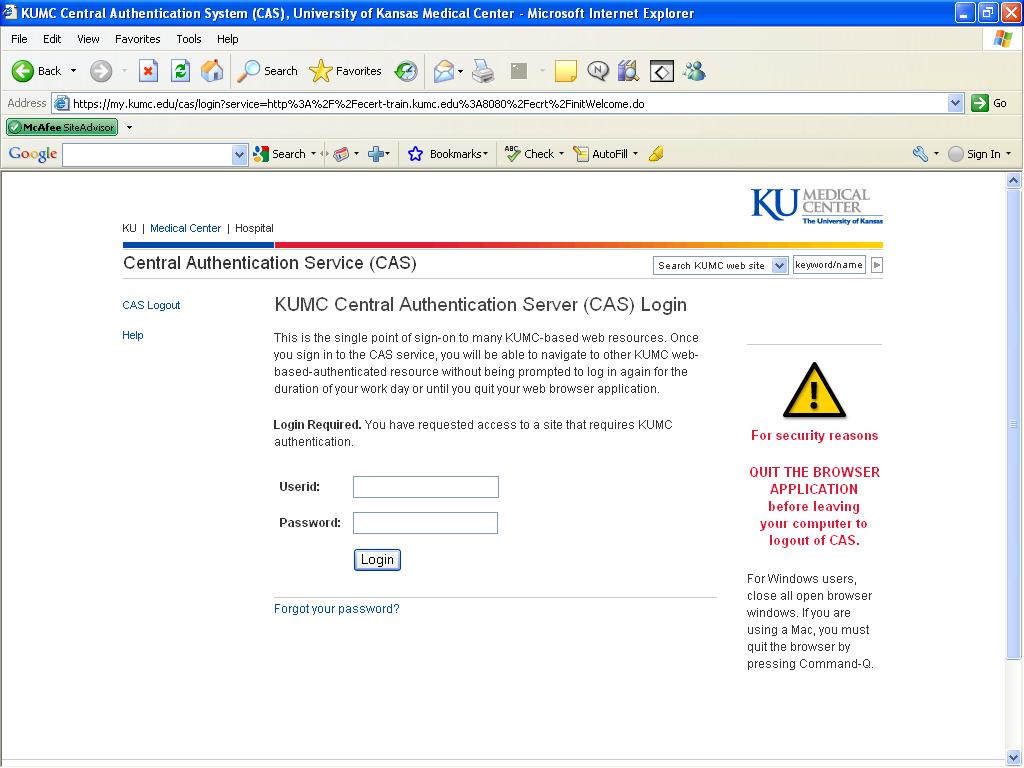 ecrt Basic Information System Navigation To access ecrt you will navigate to the provided link and sign onto the KUMC Central Authentication Server.