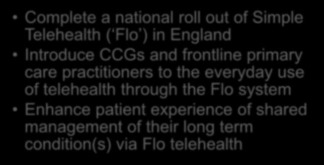 Primary aims Complete a national roll out of Simple Telehealth ( Flo ) in England Introduce CCGs and frontline primary care