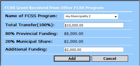 f. Enter the Total Transfer (100%) amount received from that Program. The System will then calculate the 80% provincial funding amount and the matching 20% municipal share.