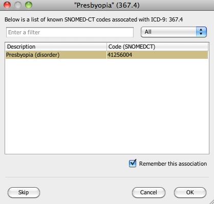 Select Yes A new dialog will open and show you the ICD- 9 code and the corresponding SNOMED- CT code.