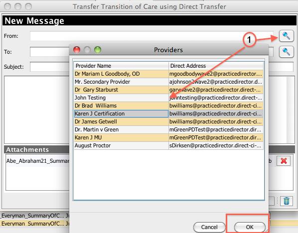 A dialog will open showing you Providers with their Direct Email Address. Select the provider and then click OK 2.