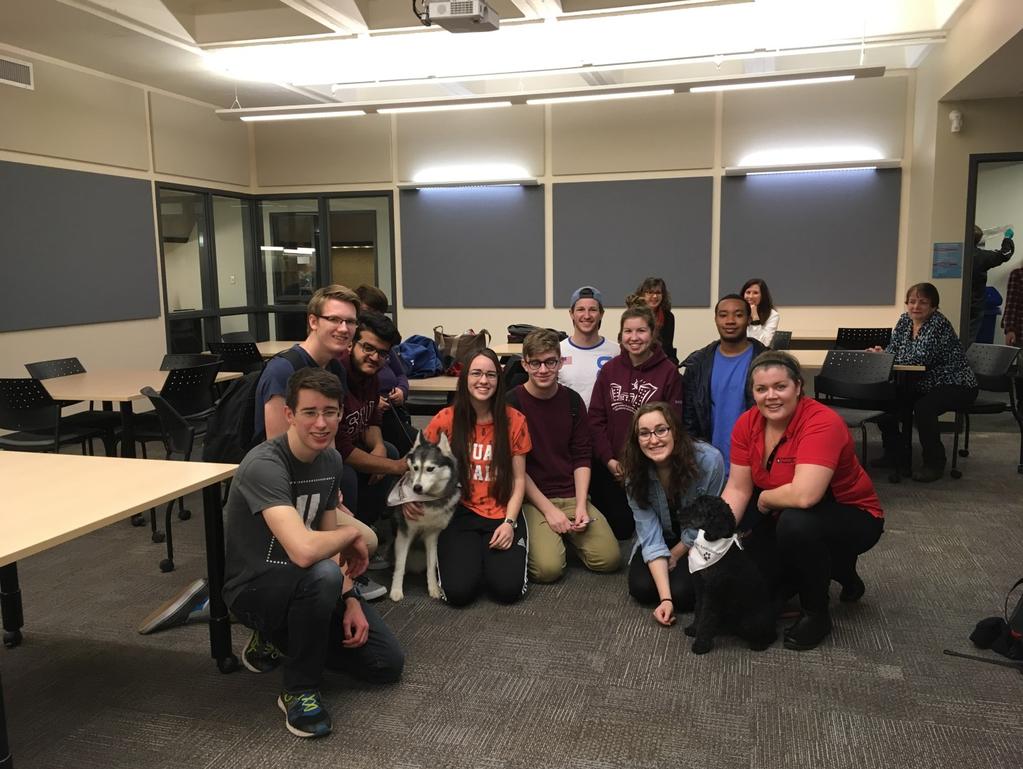 Visits with therapy dogs just what students need at exam time Active on Campus and in the Community Heather Sanderson gave a presentation entitled, Library impact on Student Learning and Success.