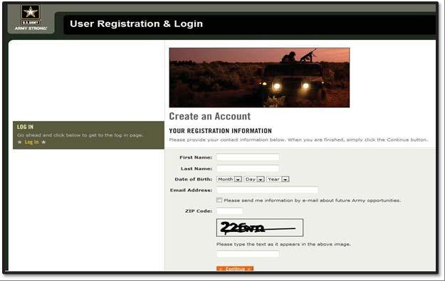 4. Once Create an Account has been selected the Cadet will be taken to the User Registration & Login of My.GoArmy.com webpage. a. The Cadet must select Create an Account. b. Enter First Name. c.