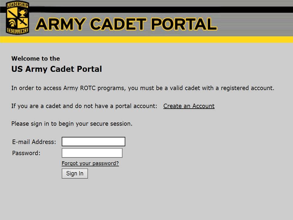 9. After the Cadet selects Finish they will be brought to the Army Cadet Portal sign in page. a.