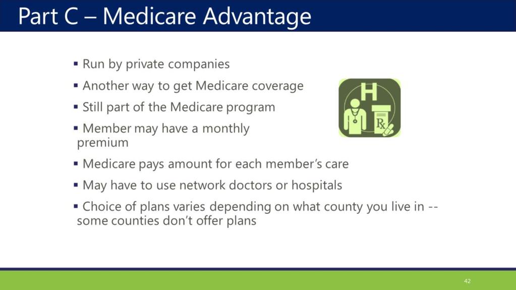Medicare Advantage is also called Part C. Medicare Advantage Plans are health plan options approved by Medicare and run by private companies.