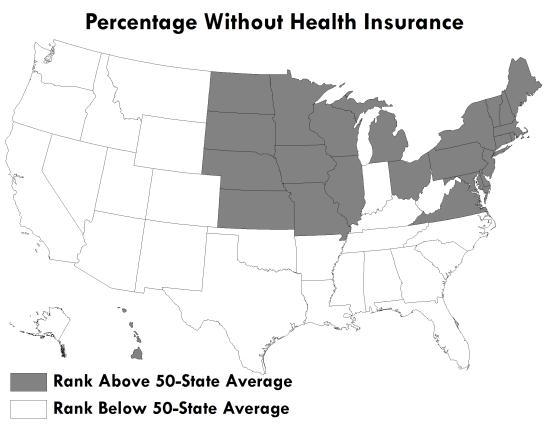 7. Percentage of Population Under Age 65 Without Health Insurance Rank Percent 1 Massachusetts 4.9 2 Vermont 7.7 3 Hawaii 8.2 4 Connecticut 10.1 4 Minnesota 10.1 6 Wisconsin 10.3 7 Iowa 10.