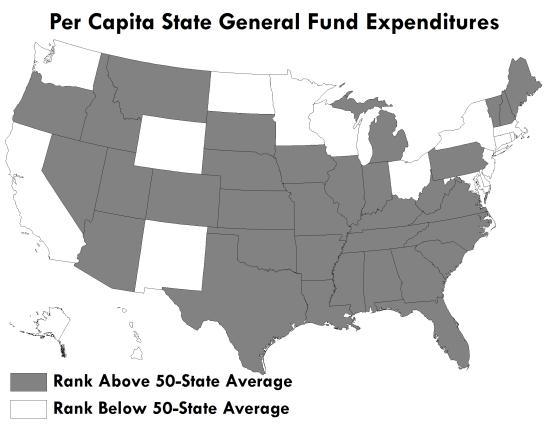 15. Per Capita State General Fund Expenditures Rank Expenditures in $ 1 Michigan 779 2 New Hampshire 1,048 3 South Carolina 1,110 4 Florida 1,126 5 Nevada 1,128 6 Vermont 1,237 7 Missouri 1,262 8