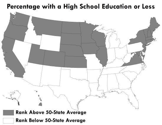 22. Percentage of Adults with a High School Education or Less Rank Percent 1 Massachusetts 53.1 2 Colorado 55.0 3 Vermont 56.2 4 Connecticut 56.5 5 Maryland 56.8 6 New Hampshire 57.1 7 Minnesota 57.