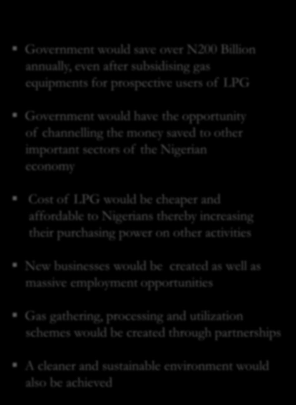 IF INCENTIVES ON LPG EQUIPMENTS ARE PROVIDED THE IDEAL SITUATION Expect Result Government would save over N200 Billion annually, even after subsidising gas equipments for prospective users of LPG No