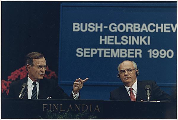 End of the Cold War Bush and Gorbachev give a joint presentation at a summit in Helsinki, Finland in 1990 Soviet economy stagnated; defense