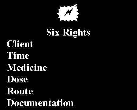 Objective 2: Learn the six rights of medication administration. 1. right client 2. right time ½ hour before scheduled dose to ½ hour after if a time is stated on Dr. order 3. right medication 4.