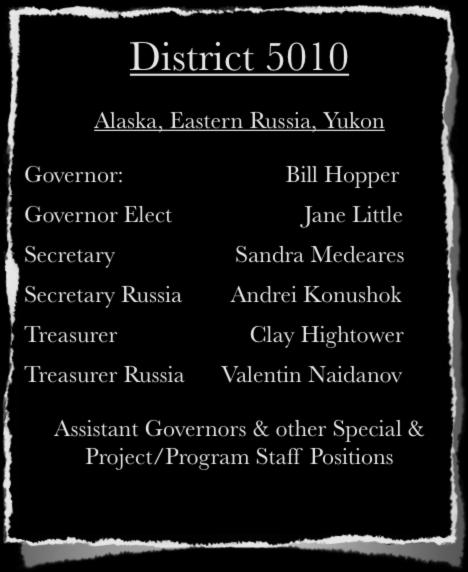 Club & District Structure & Current Officers District 5010 Eagle River Area Club Governor: Alaska, Eastern Russia, Yukon Governor Elect Secretary Secretary