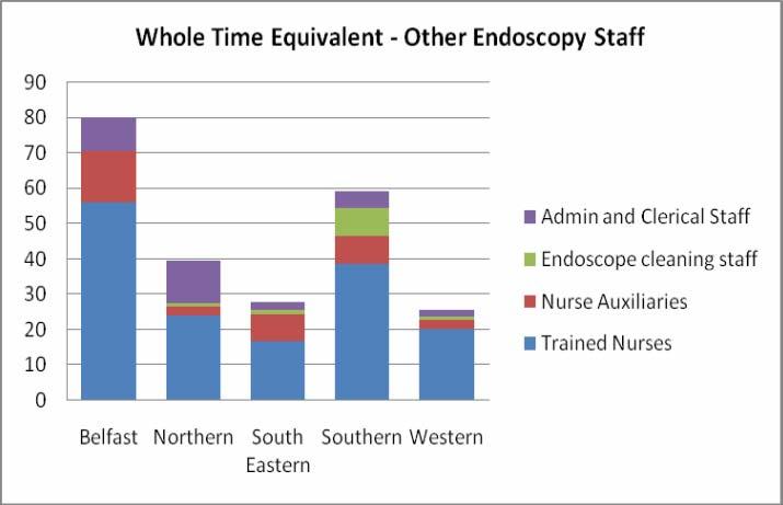 The audit asked about other staff involved in delivering the endoscopy service. The table below shows the number of nursing staff, administration staff and endoscope cleaning staff by Trust.