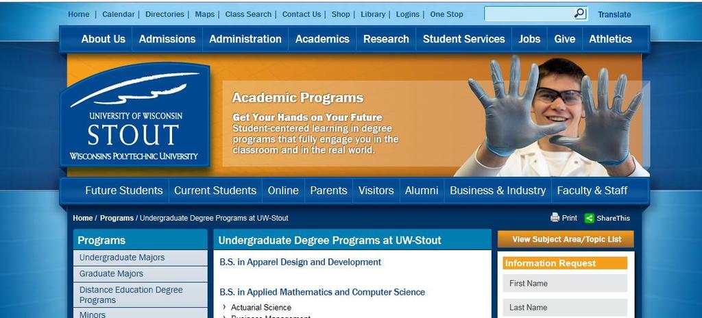 open a link, you will be taken to the main Academic page of the college/university.