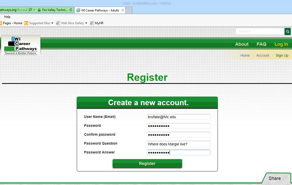 Setting up an Account Type in User name (email address), password, type in your password again, a password