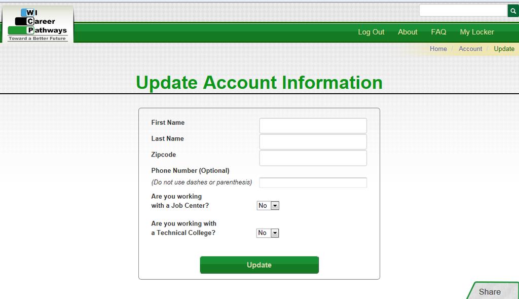Updating Account Information Type in first name, last name, zipcode, and phone number.