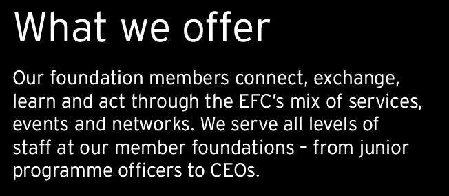 At the EFC, you can: Get involved in the debate on pressing issues, and meet, discuss and exchange with peers in exclusive and dedicated fora Increase your impact through our Thematic Networks, which