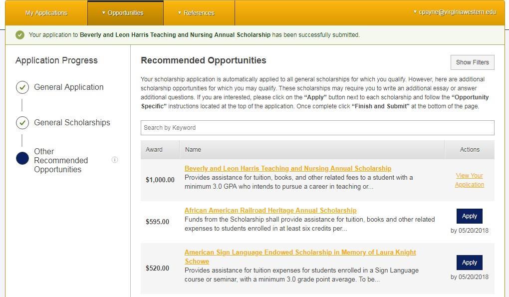 After applying for individual opportunities, you may review a specific opportunity