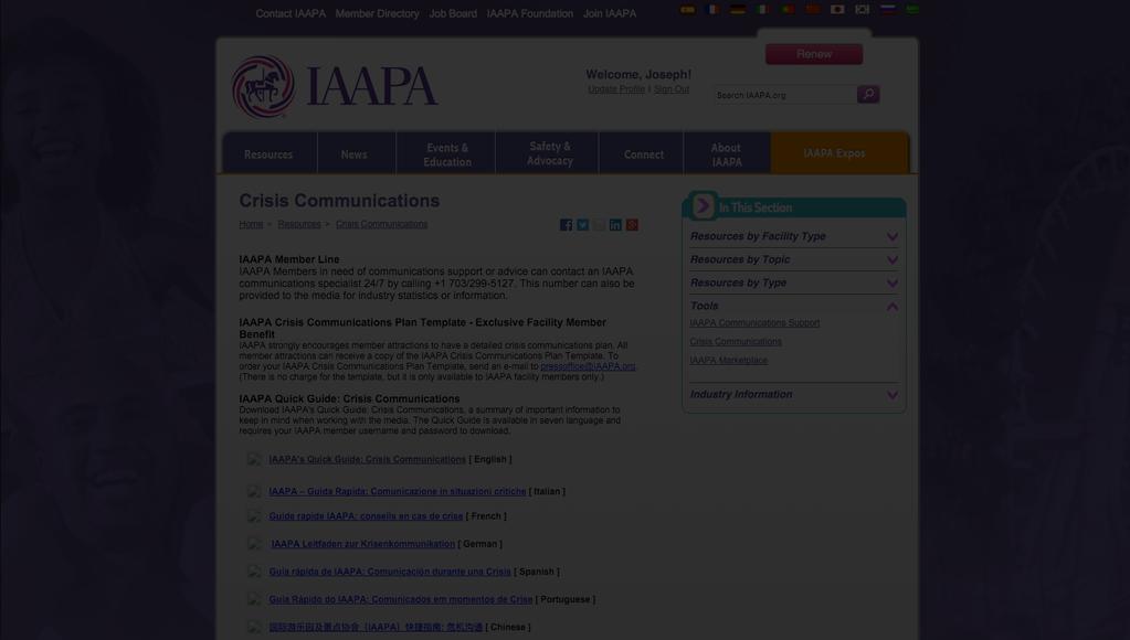 The EAP & Crisis Communication Plan If you need help starting: IAAPA Crisis Communications Plan Template Exclusive Facility Member Benefit Available to All members - Free To order e-mail request to
