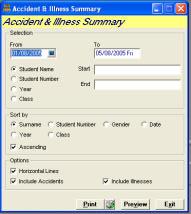 Accident & Illness Summary Report Introduction The ACCIDENT & ILLNESS SUMMARY report provides a summary of students and first aid provided within a given date range.