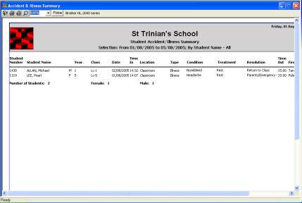 Accident & Illness Summary Report, Continued by (continued) 3 Select the: Date Range, and/or range for Student Name Student Number Year, or Class