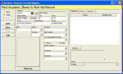 Entering First Aid Records, Continued by (continued) 3 Select ADD to change the form to Add mode. 4 Click on the binoculars to select the required Student Name from the STUDENT LOOKUP form.