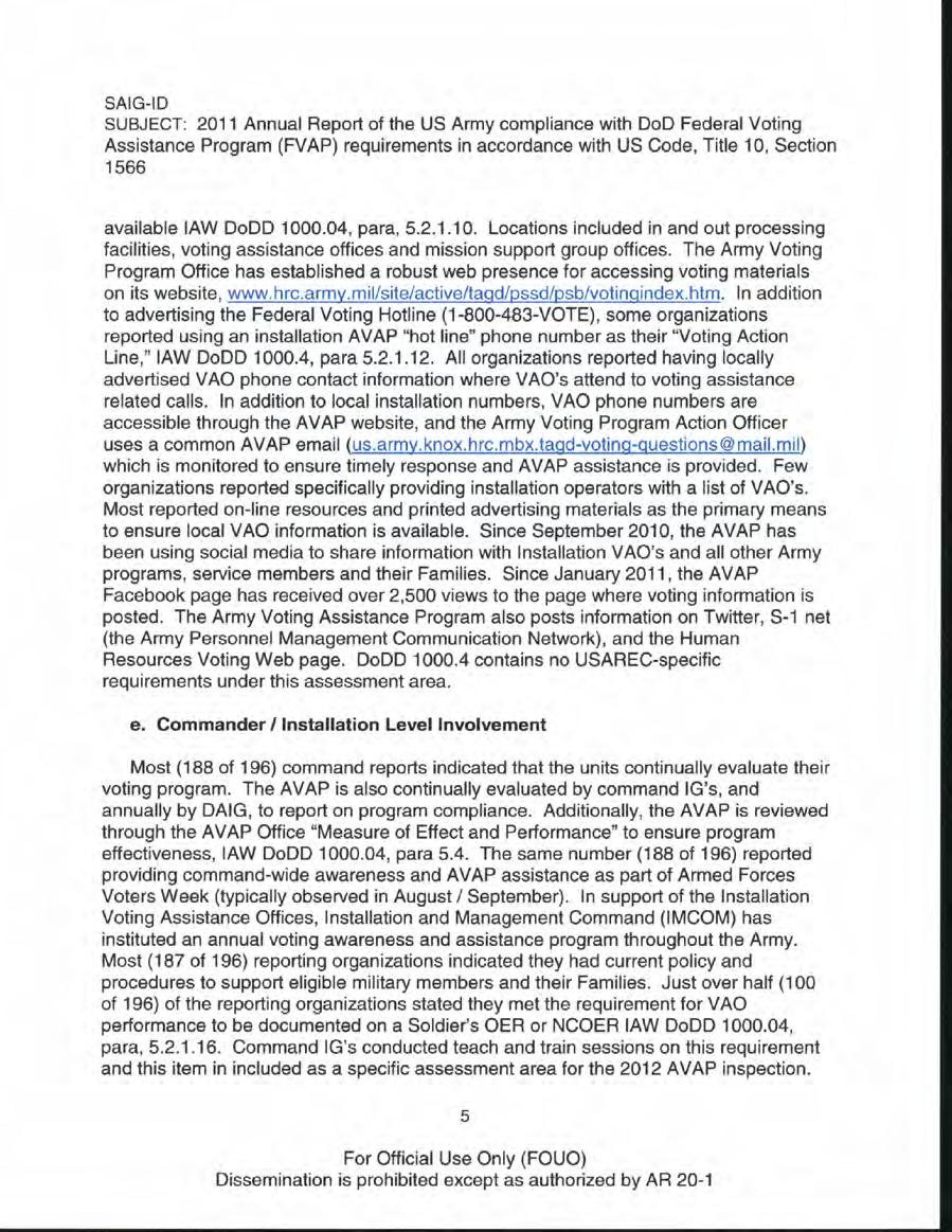 SAIG-ID SUBJECT: 2011 Annual Report of the US Army compliance with DoD Federal Voting Assistance Program (FVAP) requirements in accordance with US Code, Title 10, Section 1566 available law DoDD 1000.