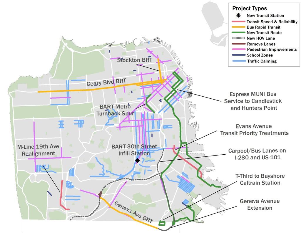 Highest Tier: The highest Tier of projects includes those with widespread benefits, such as the Congestion Pricing Pilot Program, Bicycle Program, and the Transit Effectiveness Project, as well as