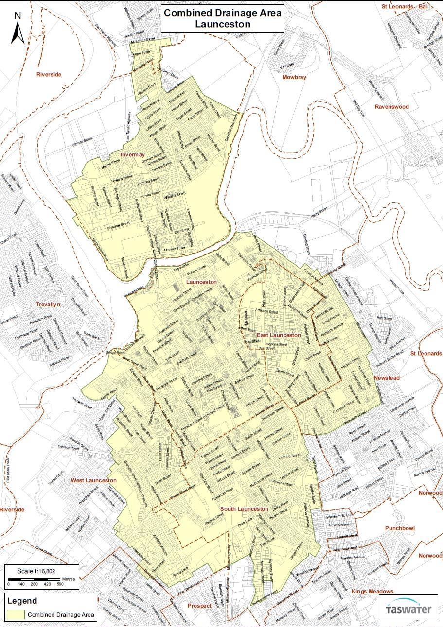 Figure 1. The combined drainage area shaded in yellow.