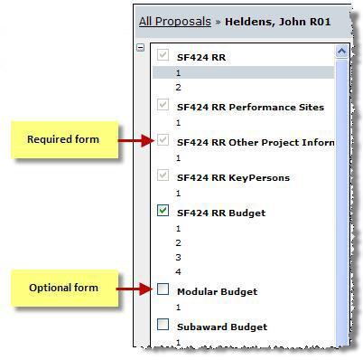 Navigating the Proposal 68 All forms are listed in the navigation bar on the left of the screen The checkboxes control which forms are submitted electronically to the agency Mandatory forms are