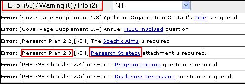 Displaying Errors, Warnings and Info 77 1. Click the Error/Warning/Info button at the bottom of the proposal page to display details 2.