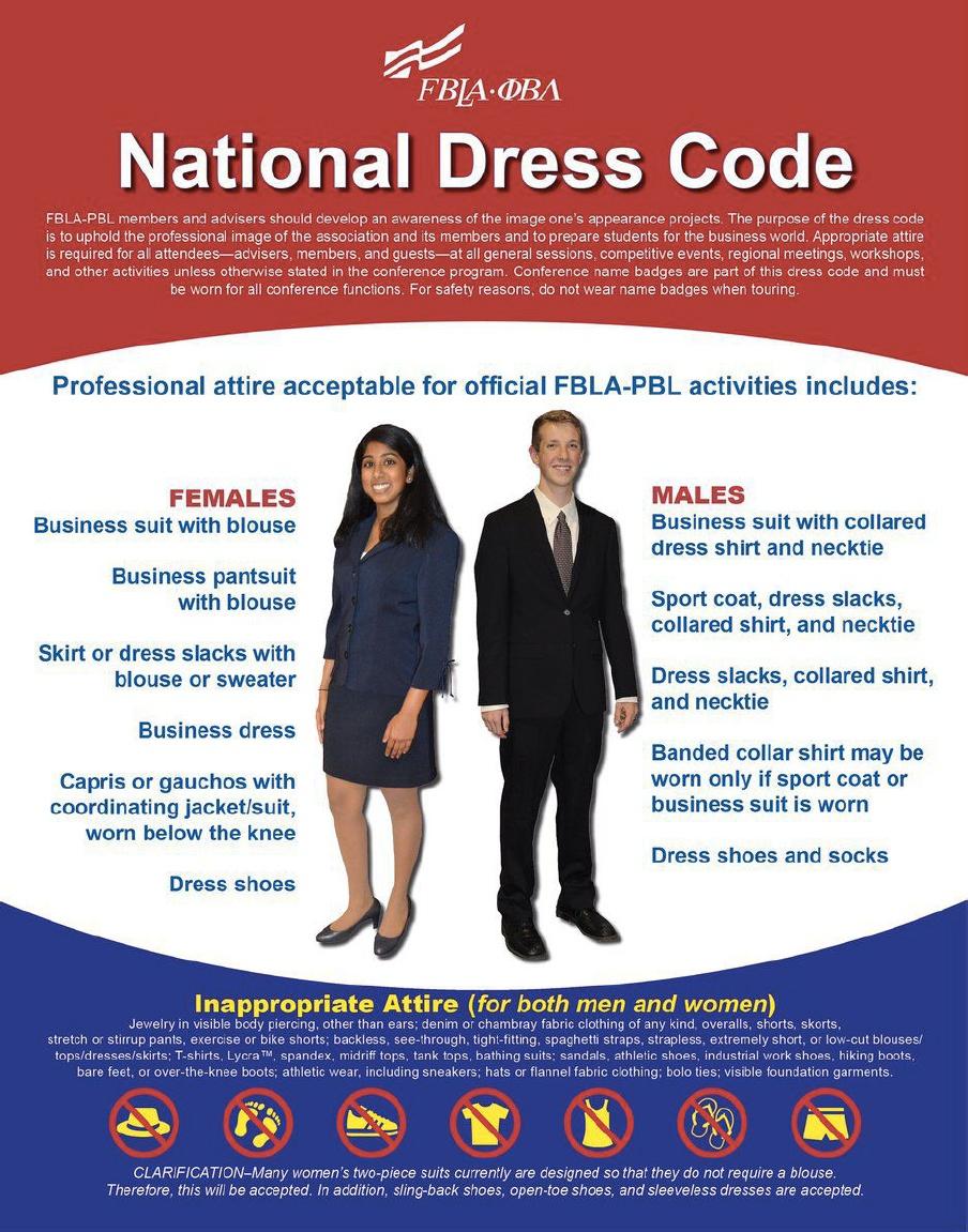 FBLA-PBL NATIONAL DRESS CODE FBLA-PBL members and advisers should develop an awareness of the image one s appearance projects.