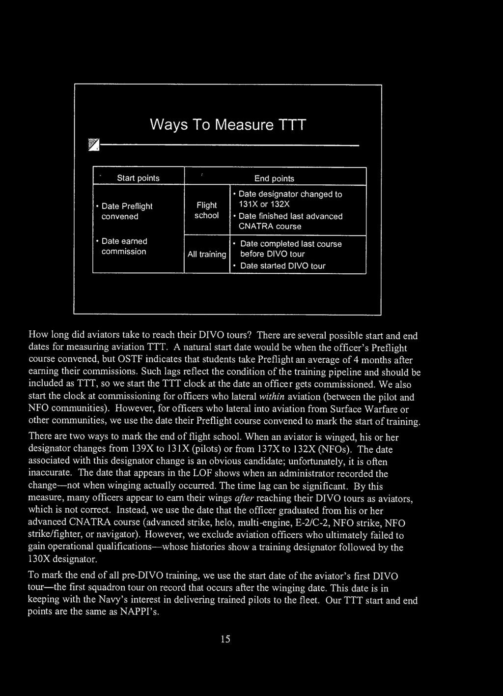 1- Ways To Measure TTT Start points Date Preflight convened Date earned commission Flight school All training End points Date designator changed to 131Xor132X Date finished last advanced CNATRA