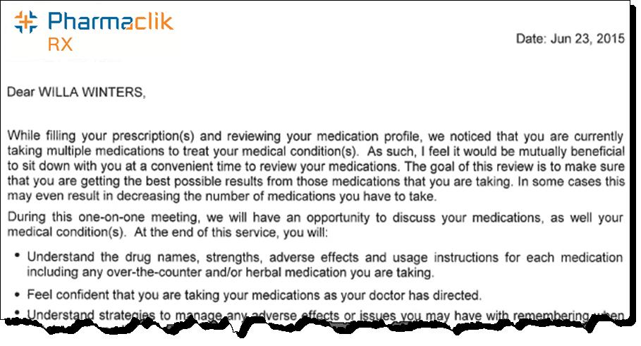 The invitation letter will: be addressed directly to your patient contain details regarding the benefits of completing a review be signed off with the name of the pharmacist logged into PharmaClik Rx
