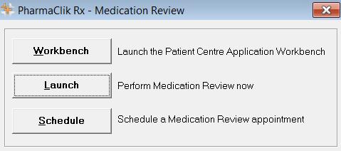 From Rx > Services 1. From the Workbench, select Rx > Services > Med Review. The Medication Review window appears. 2. Select the Schedule button. 3. Select the Medication Review type.