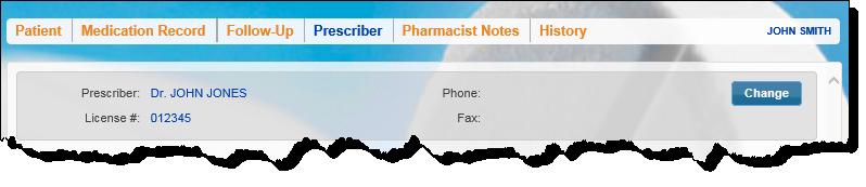 Changing the Primary Prescriber The Prescriber tab in a medication review will contain information pertaining to the patient s primary doctor, as indicated in PharmaClik Rx (Patient Folder >