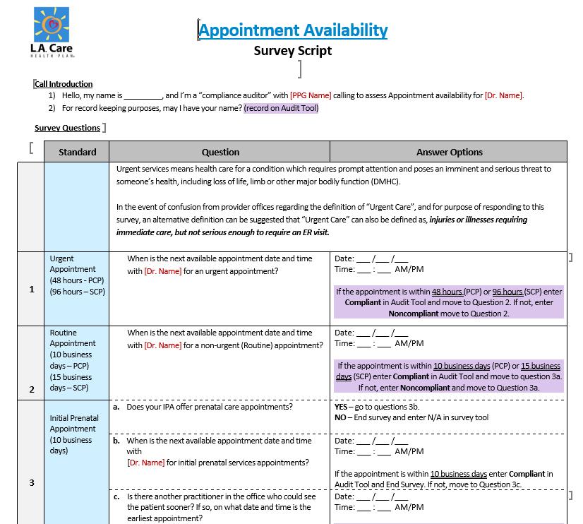 The O&M Process Survey Script Appointment Availability