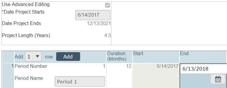 . Change the duration of a period by clicking in a Duration (Months) text box.
