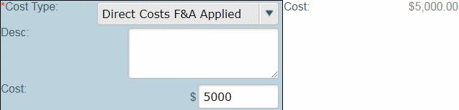 If you are not completing a detailed budget for the subaccount enter the Direct Costs F&A Applied and/or Direct Costs F&A not Applied for