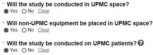 . If selecting Yes to Human Subjects complete the questions on UPMC space, equipment, and patients.