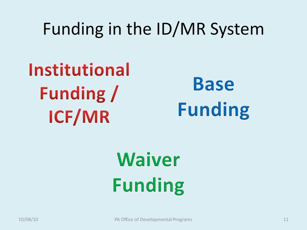 We talked about funding in the healthcare system. Now let s move to talking about funding in the ID/MR system.